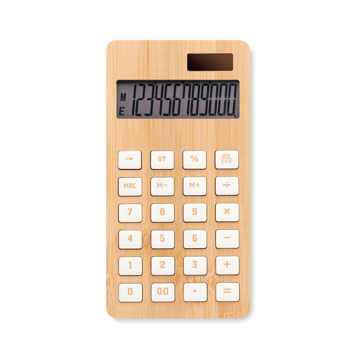 A calculator with dual power source and a bamboo case, featuring a 12-digit display - Exeter