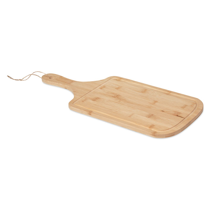 A Woolpit serving board made from bamboo, includes a groove detail and a jute rope handle. - Great Bowden