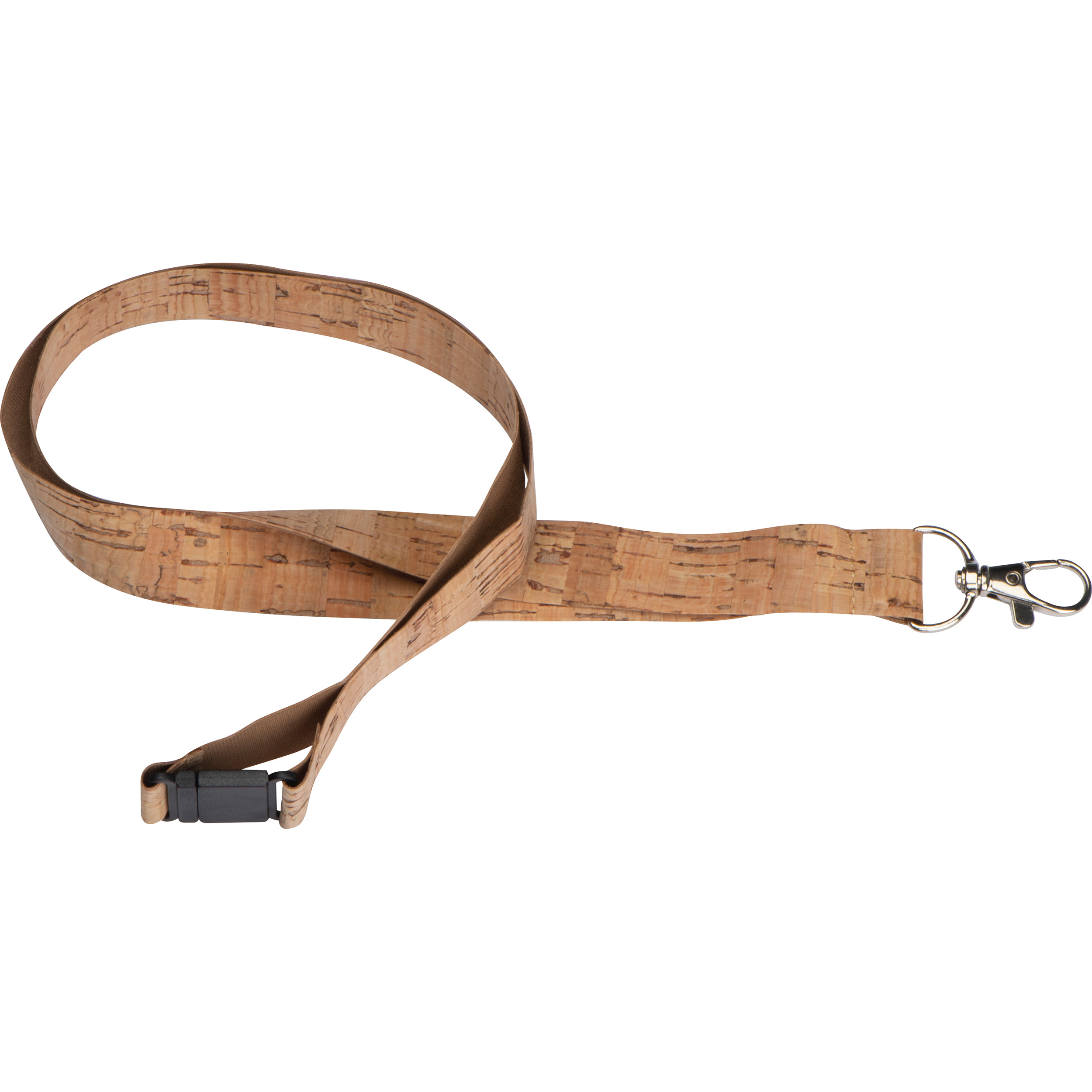 A lanyard made of printed cork material from Newton Blossomville, equipped with a carabiner and a safety clip for attachment and security purposes. - Bervie