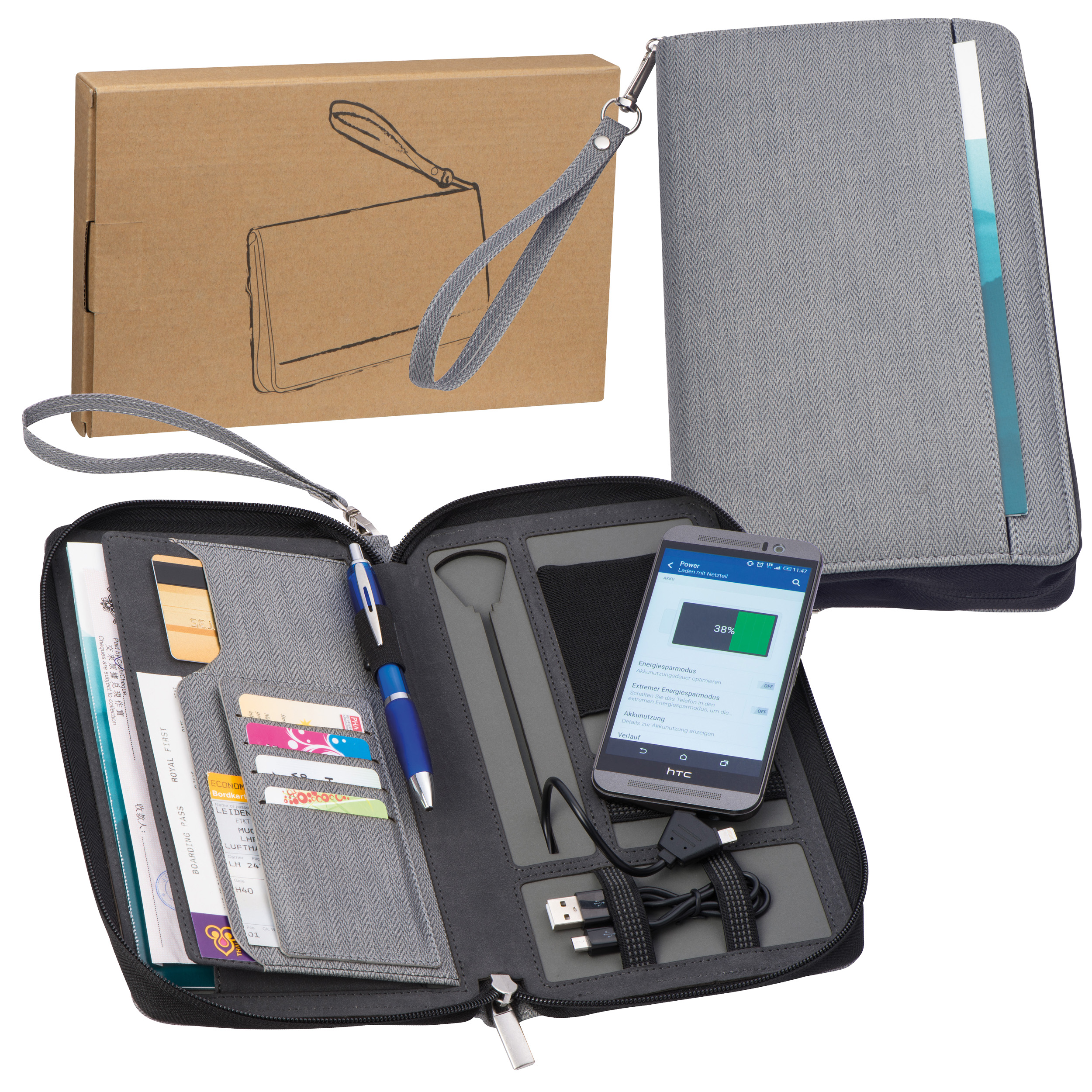 A document folder made from bonded leather that comes with a power bank. It features a logo print and is from Birstall. - Alnwick