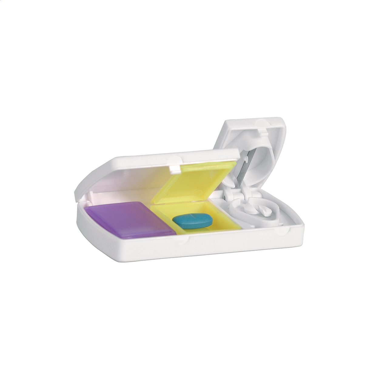Doxer plastic pillbox with 2 compartments and pill cutter, with logo printed with logo