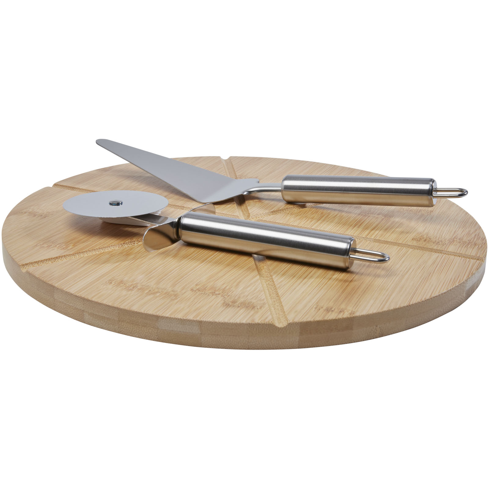 A set of environmentally friendly pizza peel made from bamboo, complete with cutter and server - Lenton