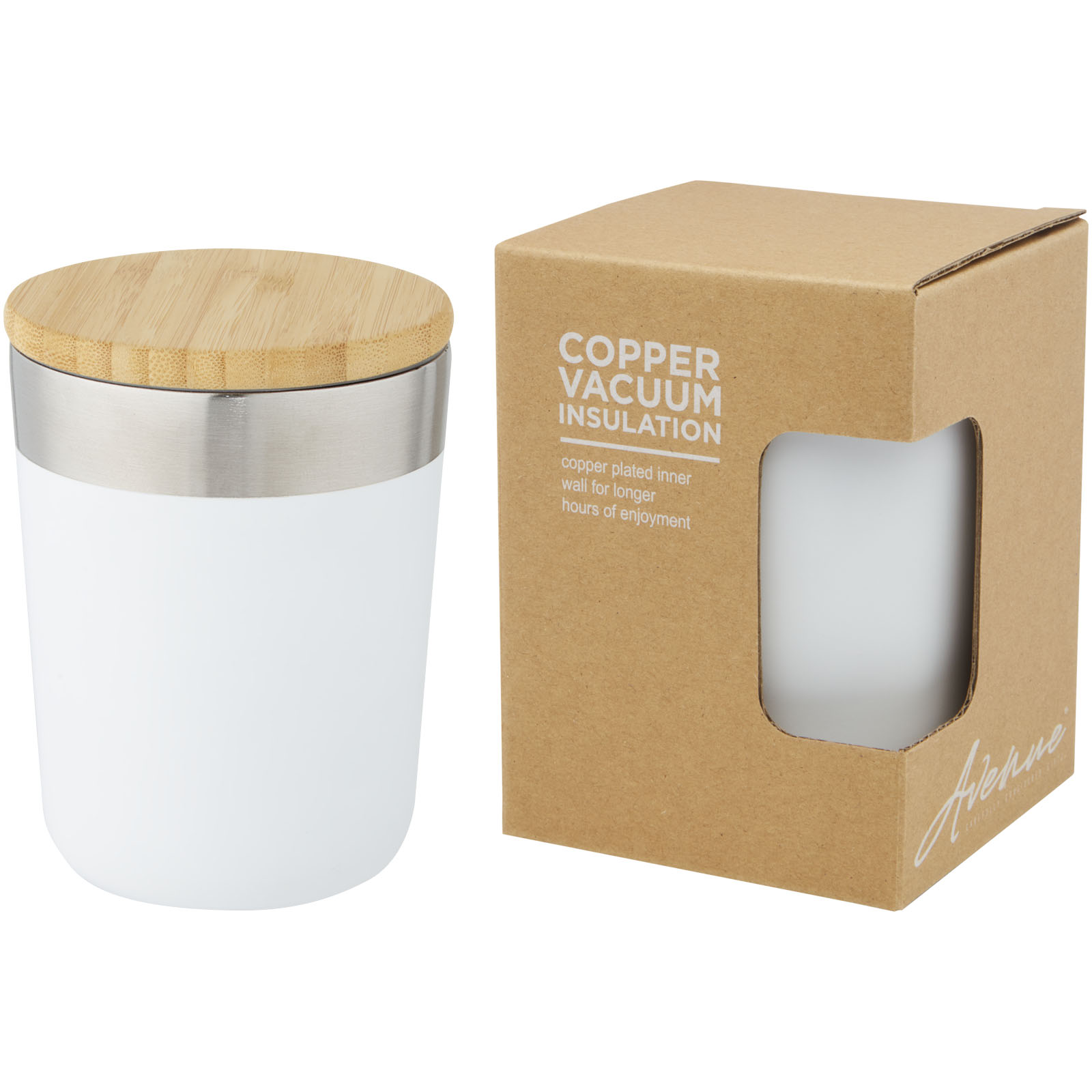 A tumbler that is double-walled and insulated with a vacuum of copper, capped with a bamboo lid 300ml - Upper Broughton