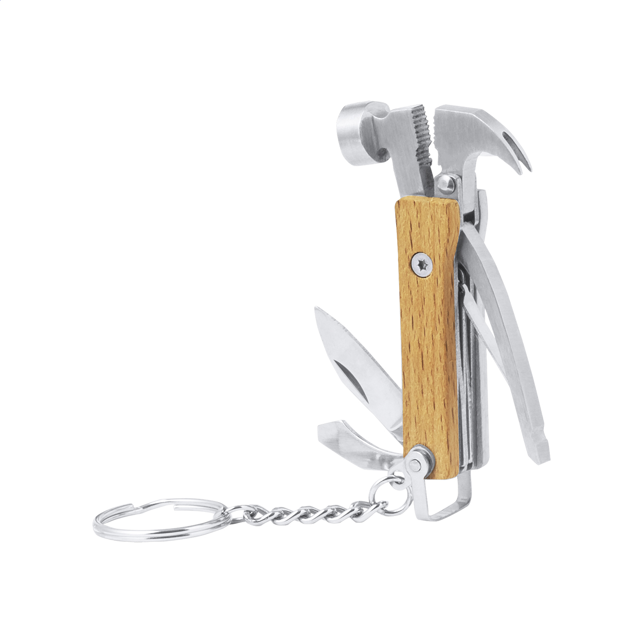 Hemverk stainless steel multi tool keyring, wooden handle, 7 functions