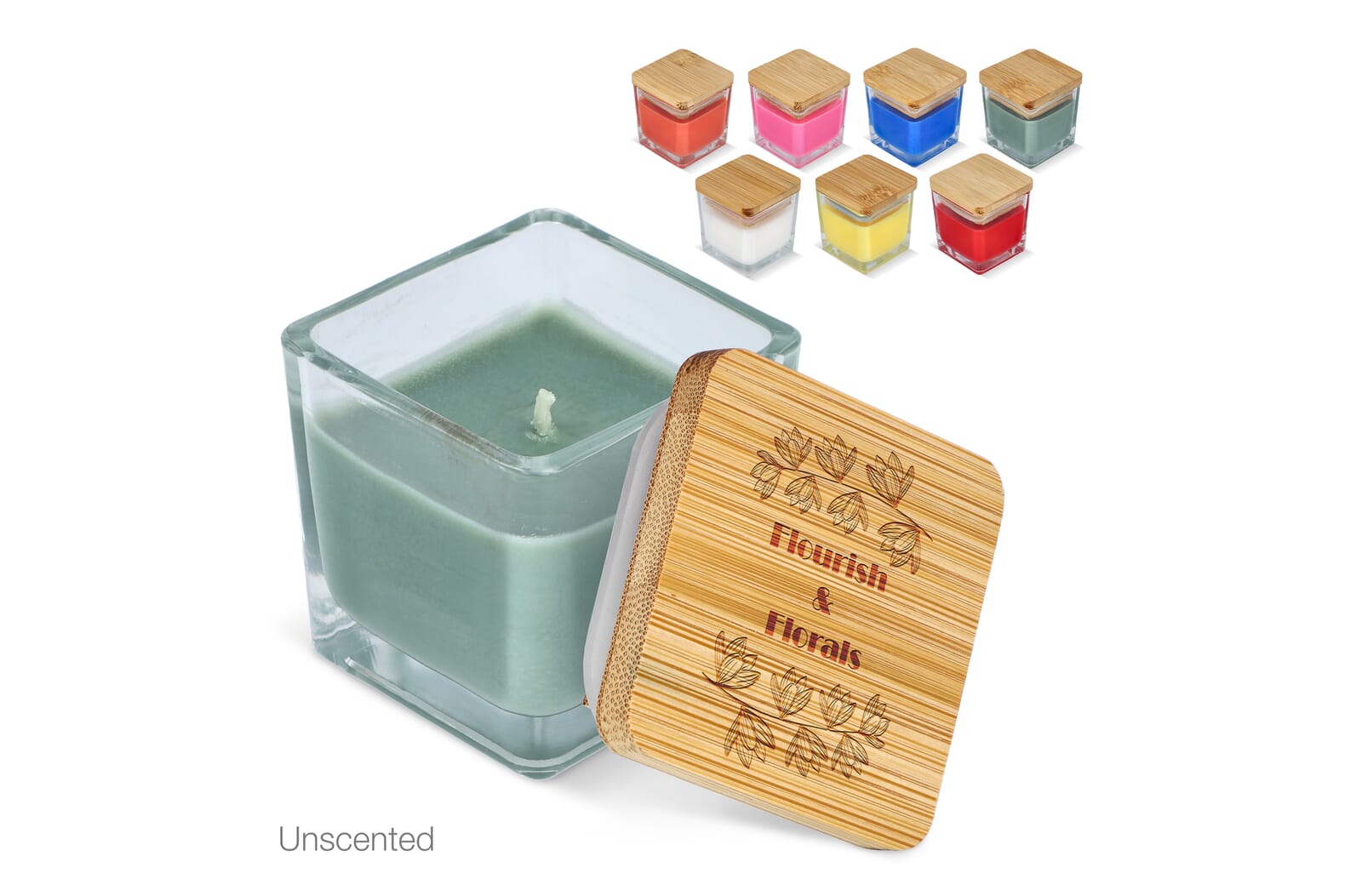 Chakra plant-based candle in glass jar with bamboo lid, with logo printed with logo