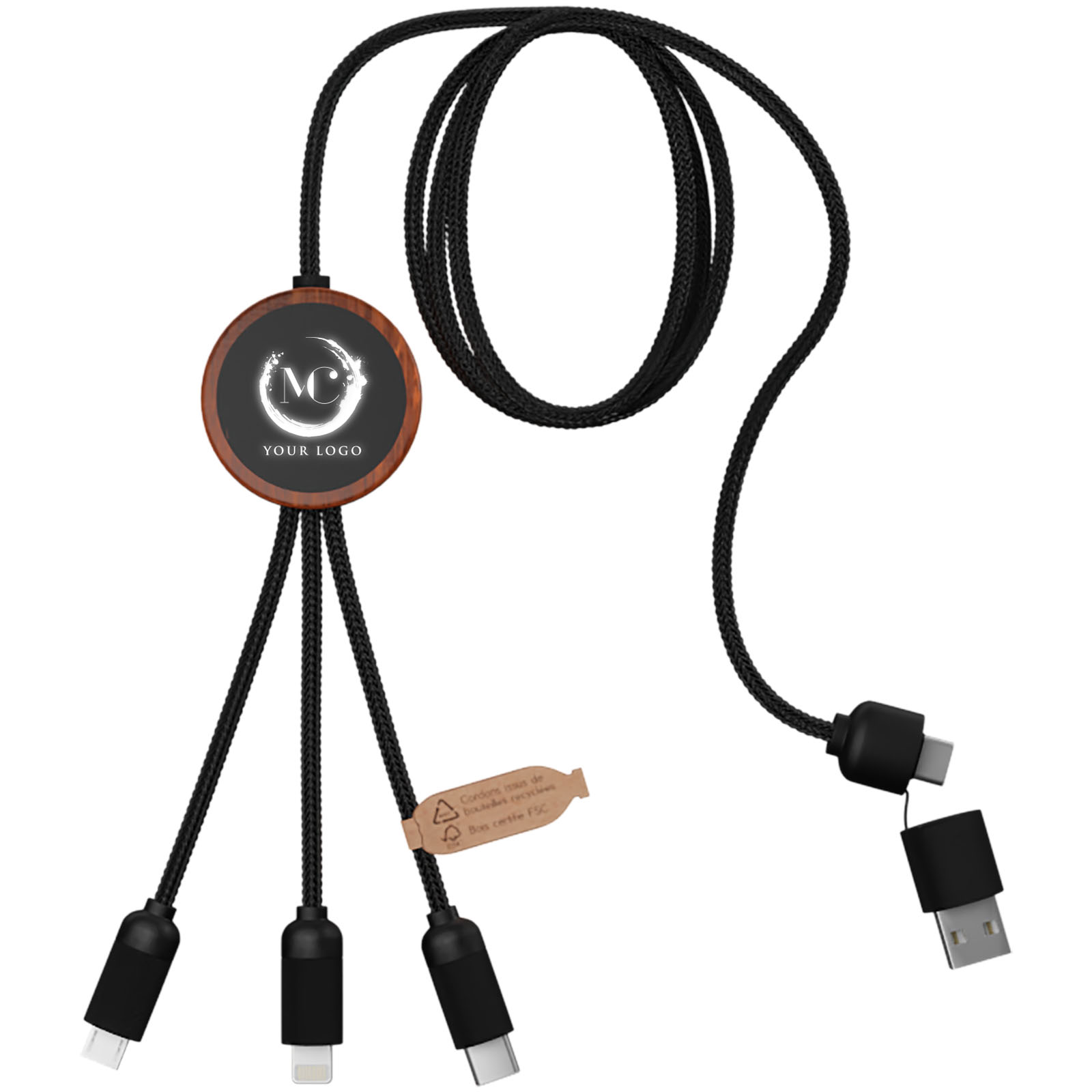 SCX.design C37 40W 5-in-1 rPET charging cable with light-up logo, round bamboo casing printed with logo