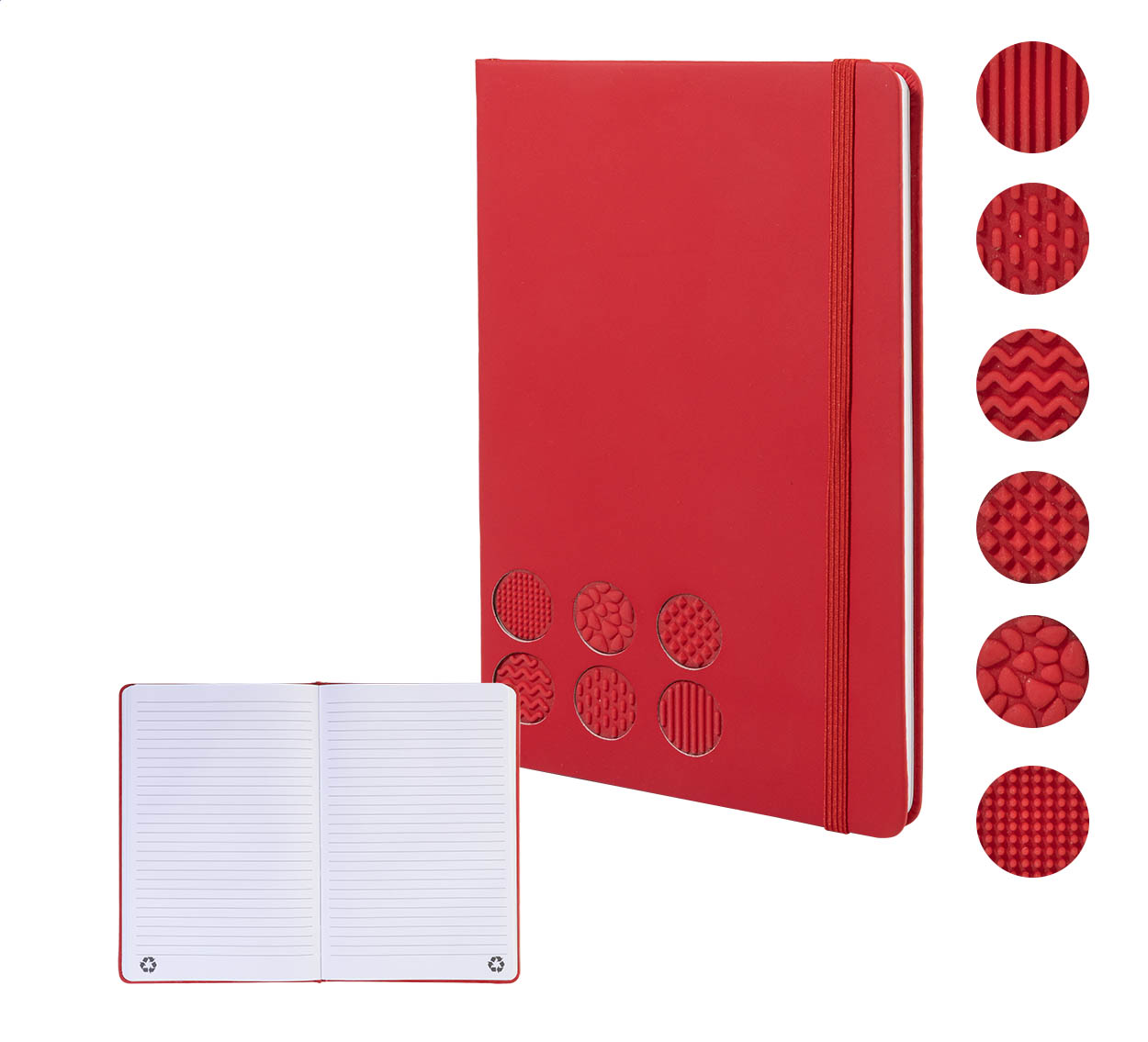 Senspuk A5 recycled PU antistress notebook with sensory pads, logo