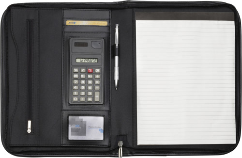 A conference folder made of microfiber material, featuring a zipper for secure closure, built-in handles for easy carrying, and an integrated calculator for added convenience. - Minehead