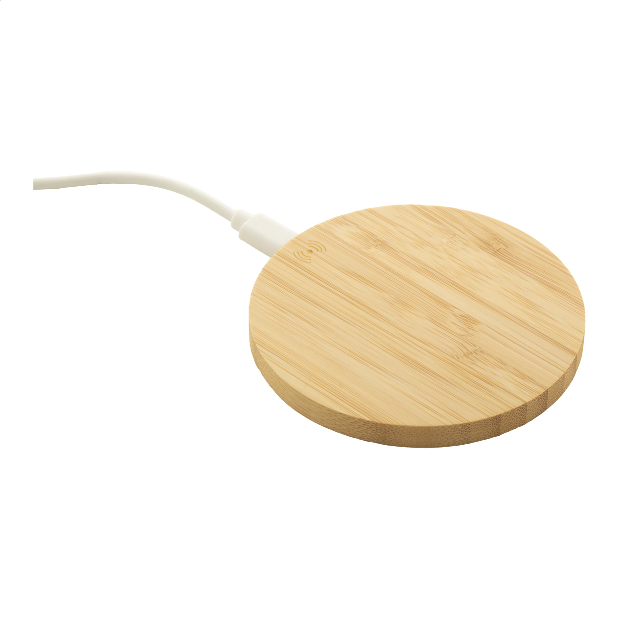 Wirbo Plus 15W wireless fast charger in bamboo housing with logo printed with logo