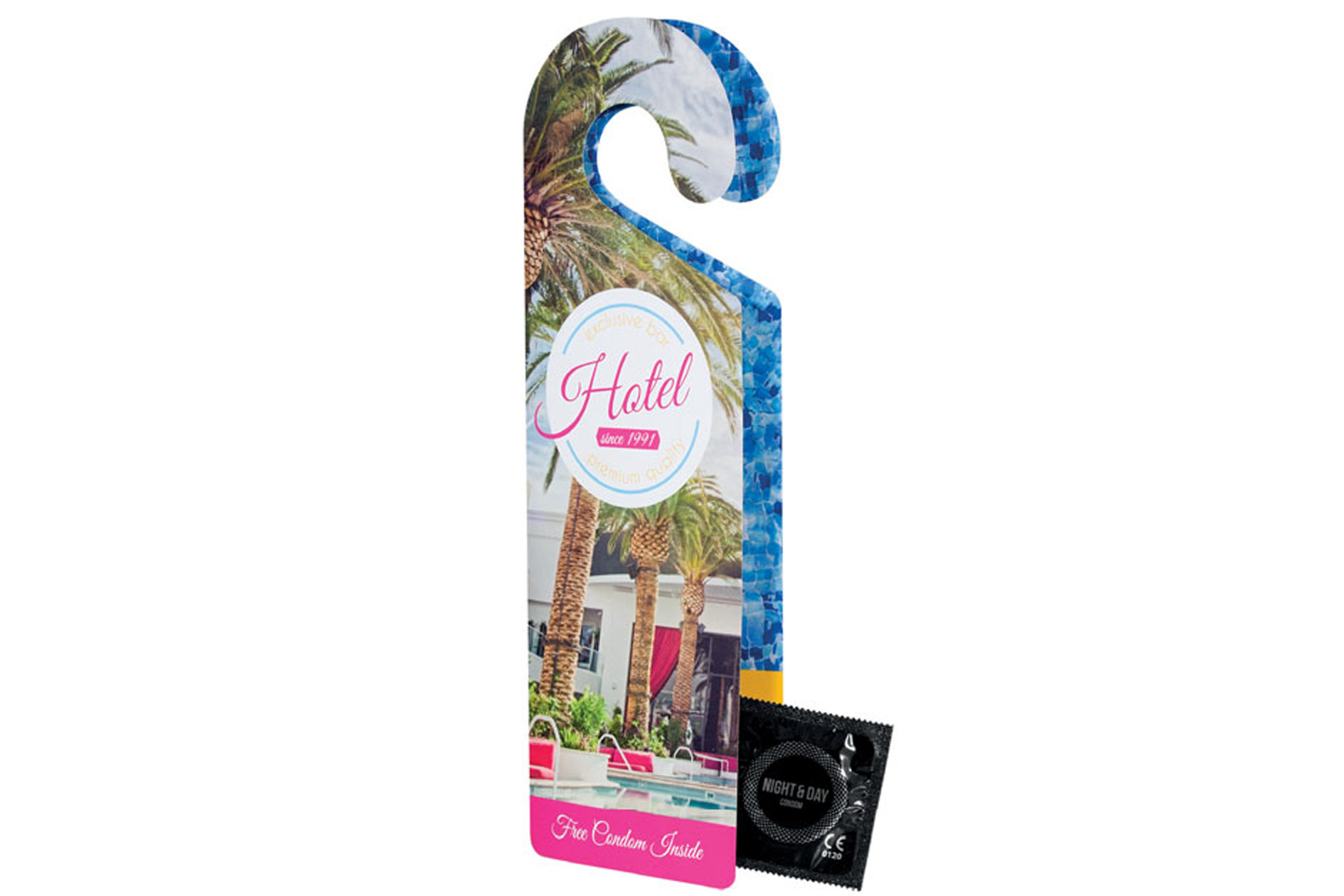 A dual-door hanger with a single condom enclosed, accredited by ISO04074:2015 and CE0120 - Headcorn - Romford