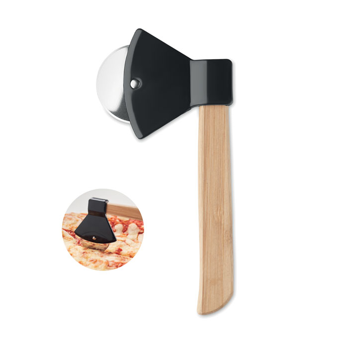 A pizza cutter in the shape of an axe, with a handle made of bamboo - Handsworth