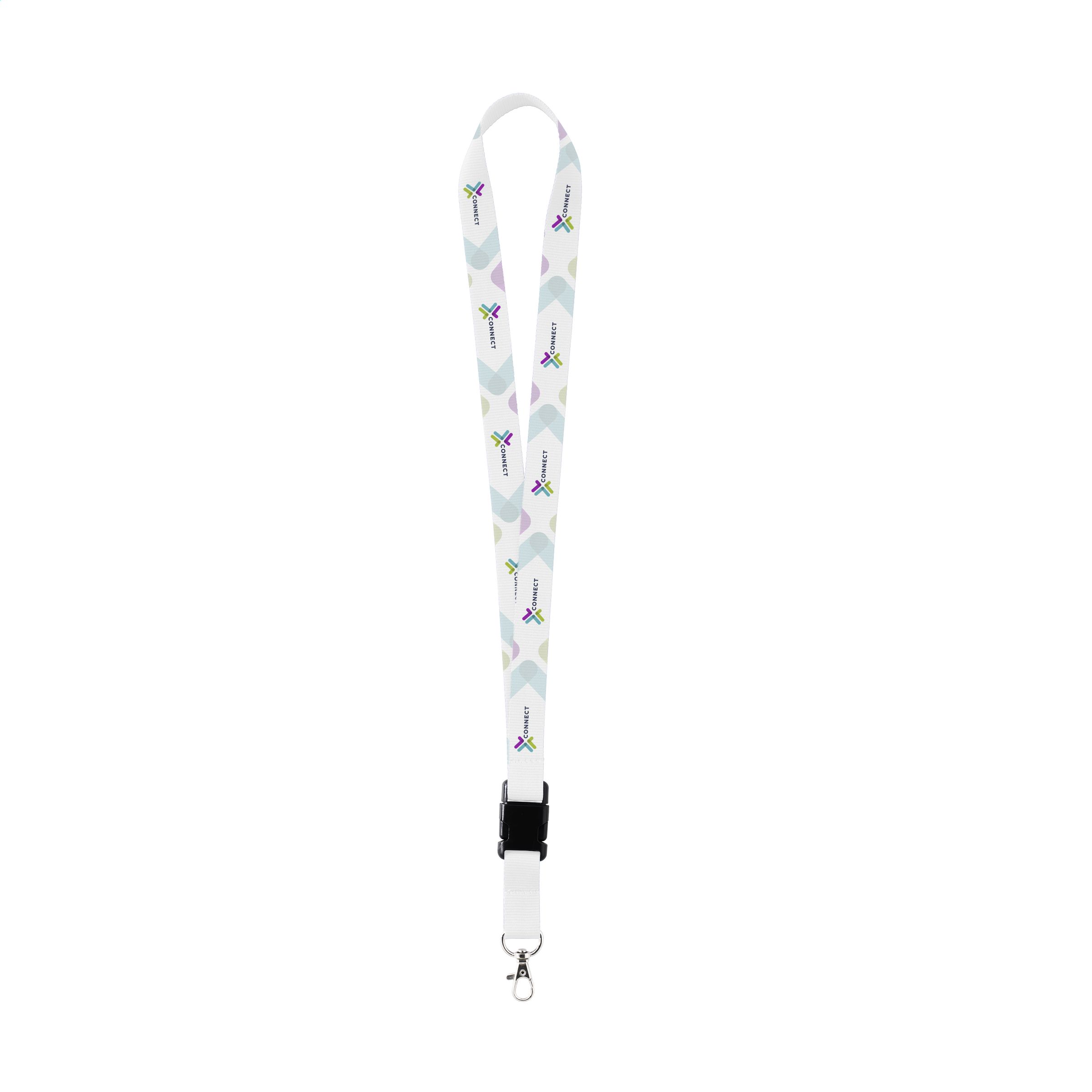 A lanyard, woven from recycled PET bottles, featuring a metal carabiner and a plastic buckle. - West Bromwich