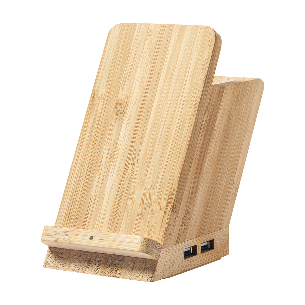 Eterna bamboo multifunctional pen holder with wireless charger, logo