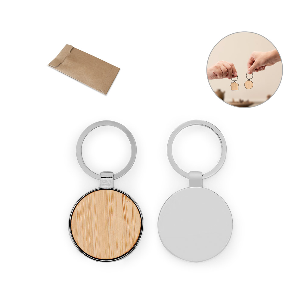 Runder Schlüsselanhänger aus Zink und Bambus - Neuffen bedrucken mit Logo