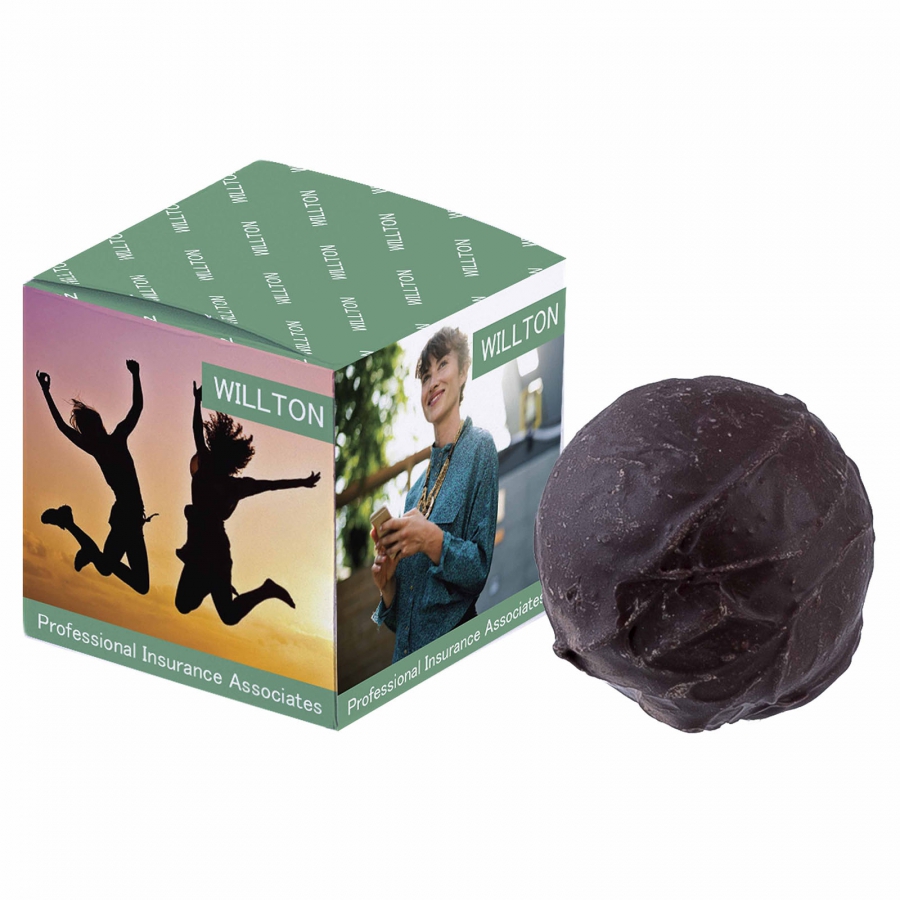 A full-color printed box contains a single serving of a chocolate milk ball - Lower Slaughter - Abbey Lane End