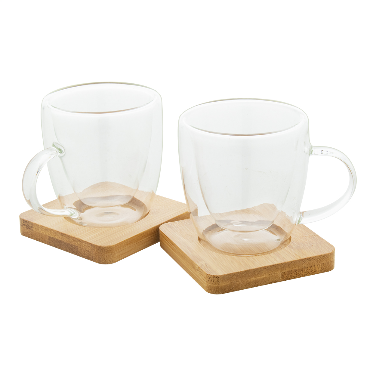 Mocaboo double-wall glass espresso cup set of 2 with bamboo saucers and logo