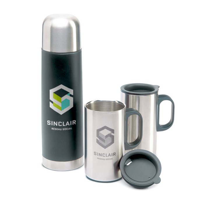 Double Wall Stainless Steel Insulating Vacuum Flask 500ml and Mugs Set 220ml - Perrywood