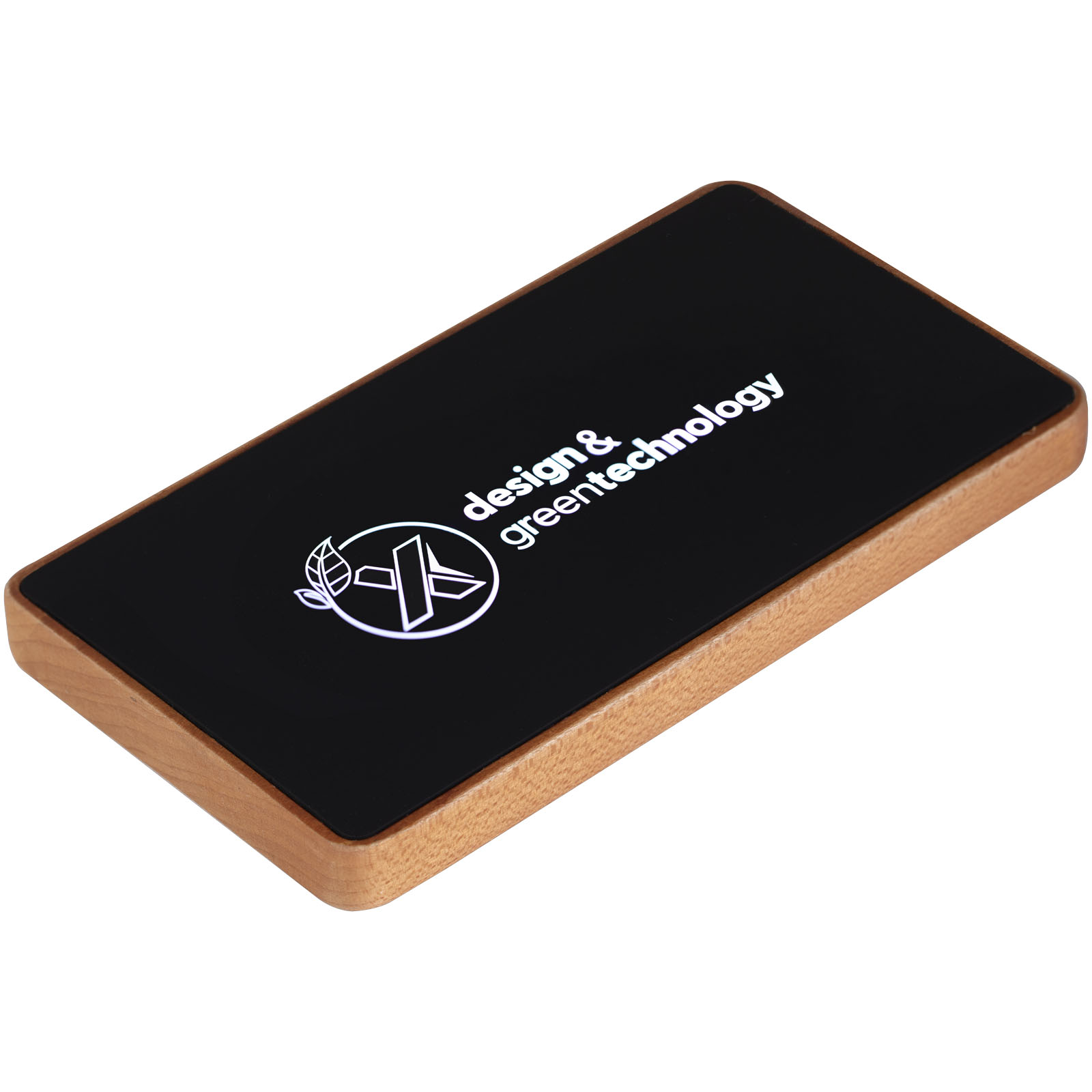 An antibacterial wood power bank that features a logo that lights up - Thurso