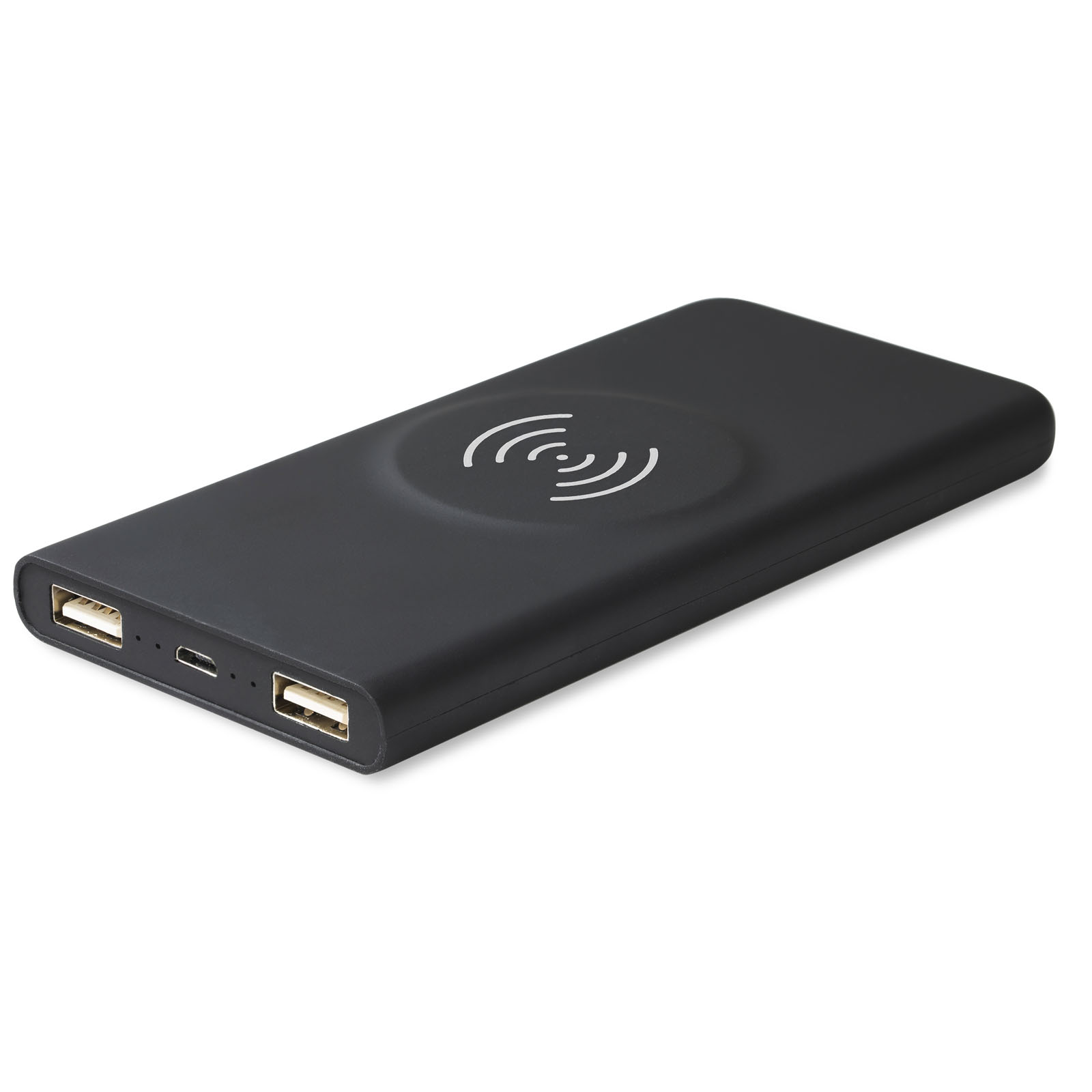 This is a power bank made of rubber material and has a wireless feature. It has a logo that lights up, enhancing its appearance. It also comes with a 3-in-1 cable made from recycled PET plastic, promoting eco-friendliness. - Cullompton