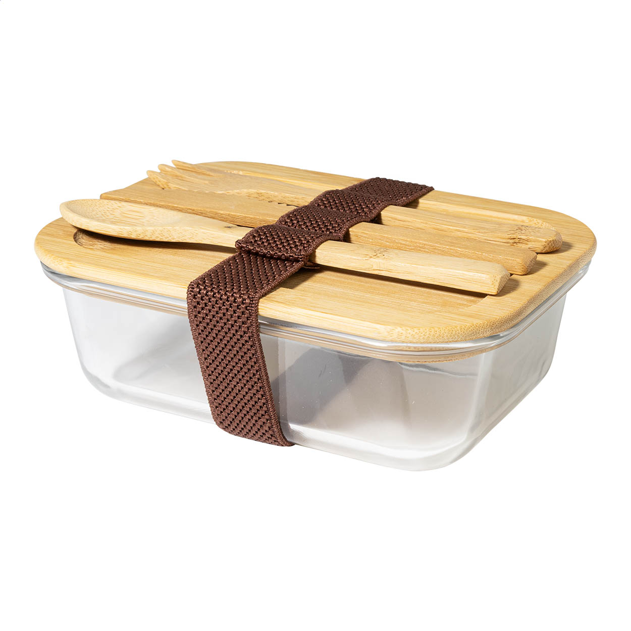 Cuttata glass lunch box with bamboo cutlery set, 500 ml, with logo