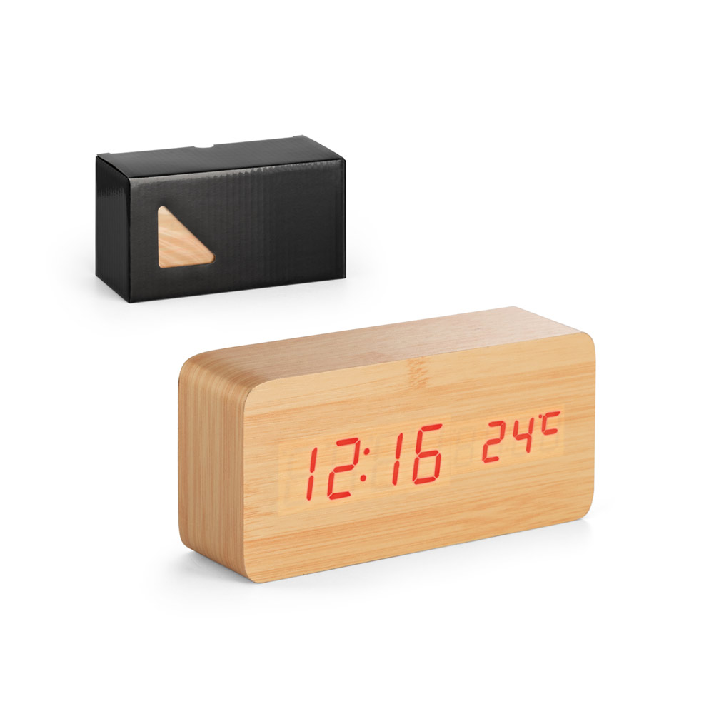 Kingskerswell MDF table clock featuring a calendar, alarm, and thermometer - Doncaster