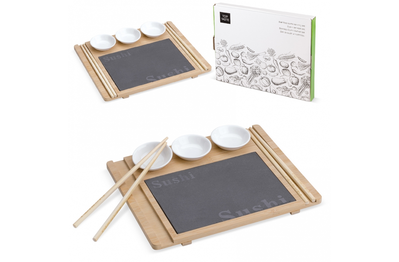Two-Person Wooden Sushi Serving Board Set with Slate Inlay and Ceramic Bowls - Childswickham