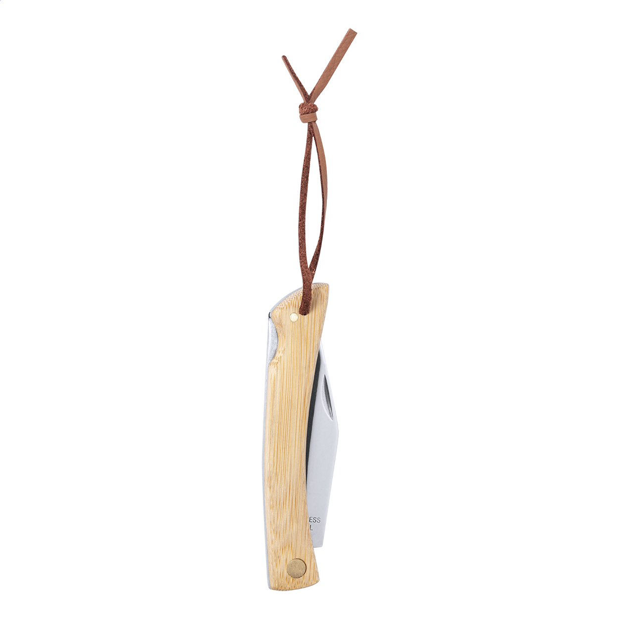 Lundin stainless steel pocket knife with bamboo handle and logo printed with logo
