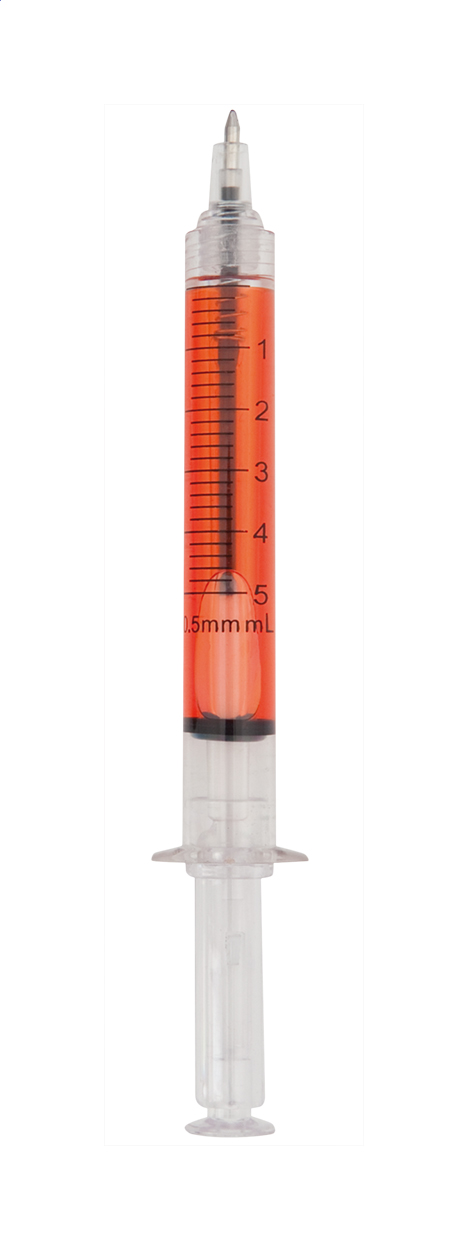 Vaccine syringe shaped ballpoint pen with liquid filled body and logo printed with logo