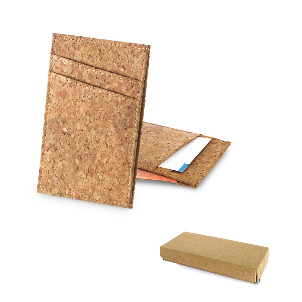 A business card holder that is made of cork and features a side compartment. - Pudsey