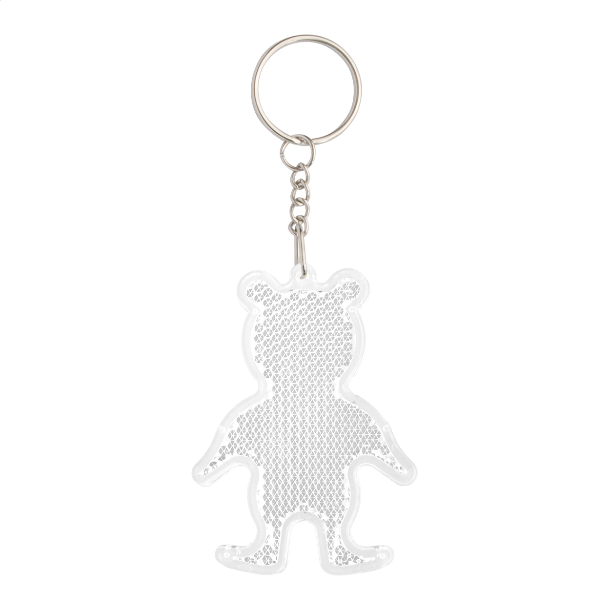 Safebear bear-shaped reflective prism keyring with logo printed with logo