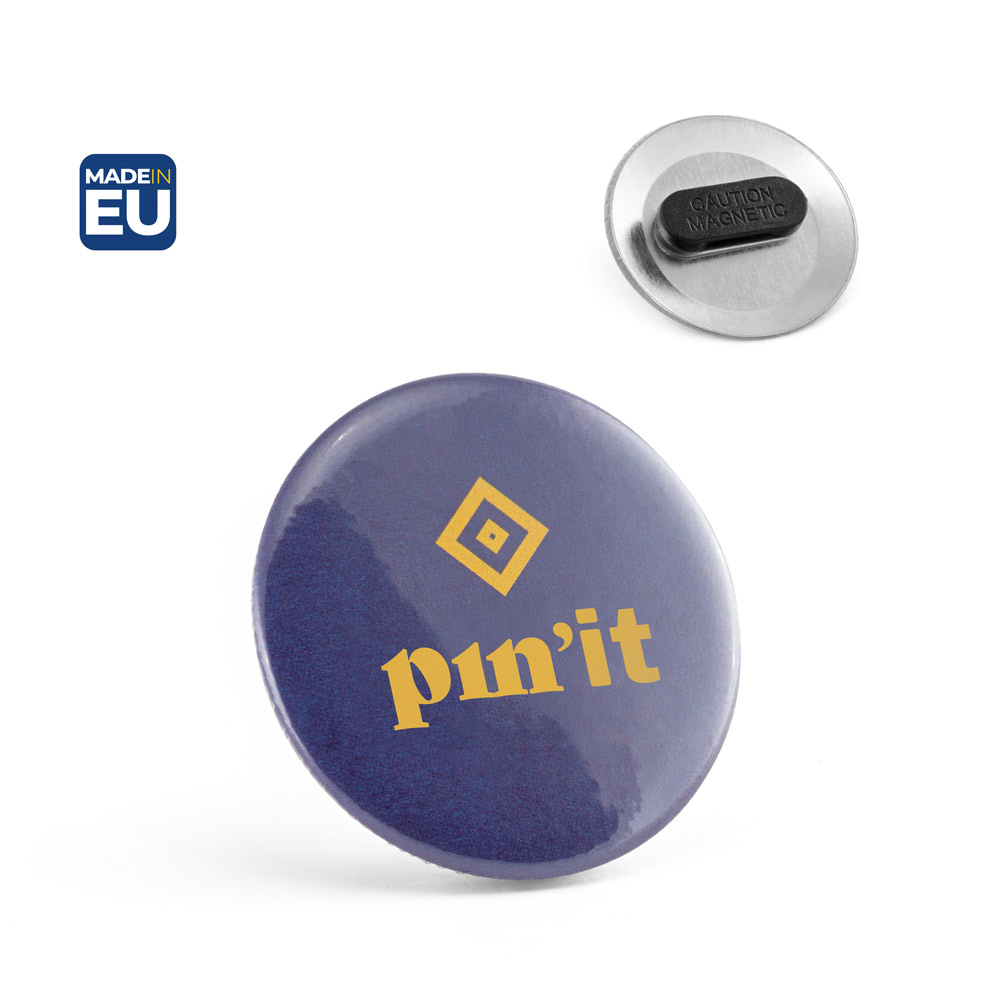 Button P'IN 8 badge with double magnetic clasp, personalised with logo, ø50 mm