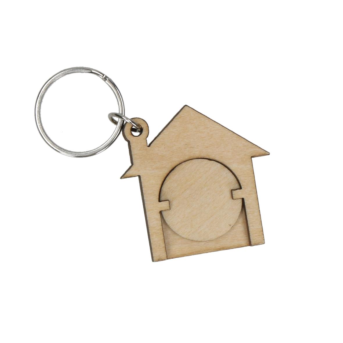 Keyring in the shape of a house made of plywood chips, with a coin for a shopping trolley - Elham