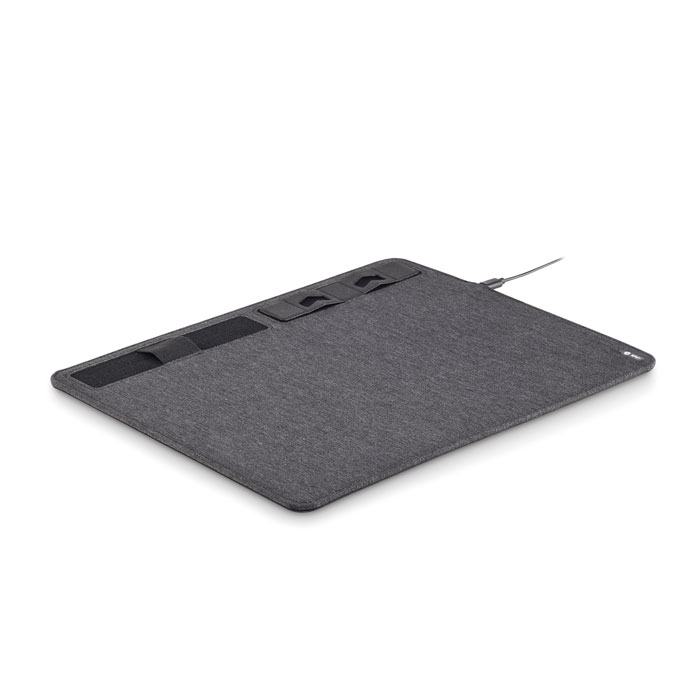 This is a multifunctional mouse mat made from 2-tone 300D polyester RPET. It features a wireless charger and a phone stand. - Lulworth Cove