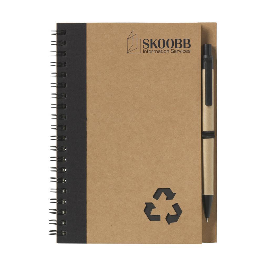 A spiral notebook made from recycled materials, which comes with a ballpoint pen that has blue ink. - Bishops Waltham
