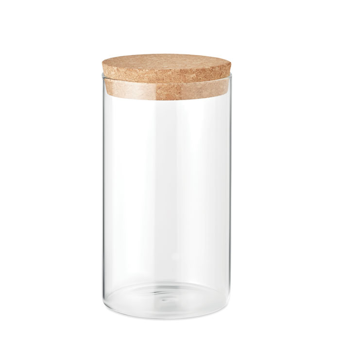 A storage jar made of borosilicate glass with a cork lid. It has a capacity of 600 ml. The product is from Walkhampton. - Falkland