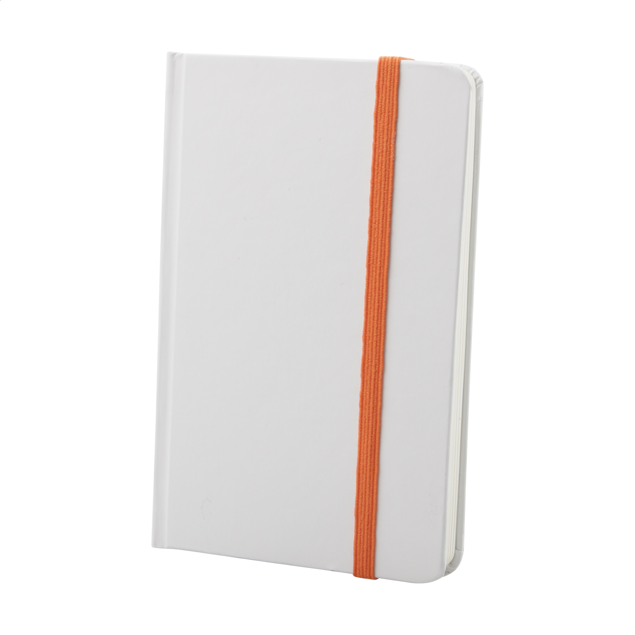 Pendula A6 white carton notebook with coloured rubber strap and logo printed with logo