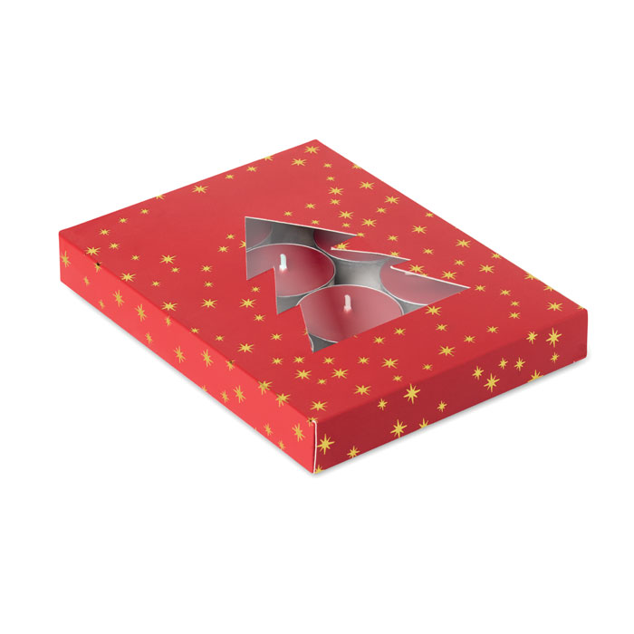 Teelichter-Set mit Zimtduft in Tannenbaum-Geschenkbox, mit Logo bedrucken mit Logo
