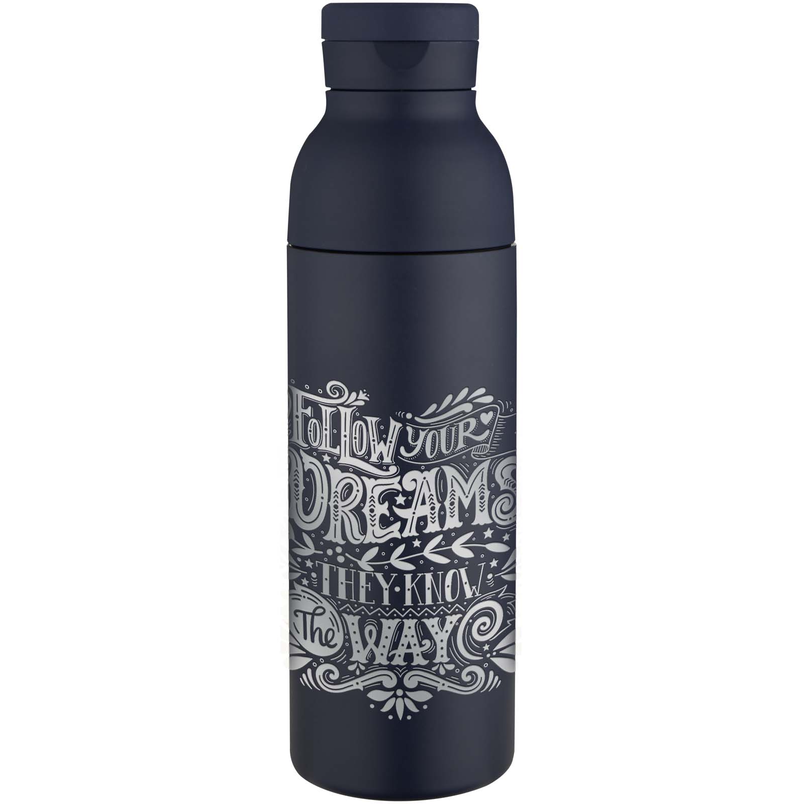 Illuminate 650 ml RCS recycled double-walled stainless steel water bottle with 3-piece lid set.