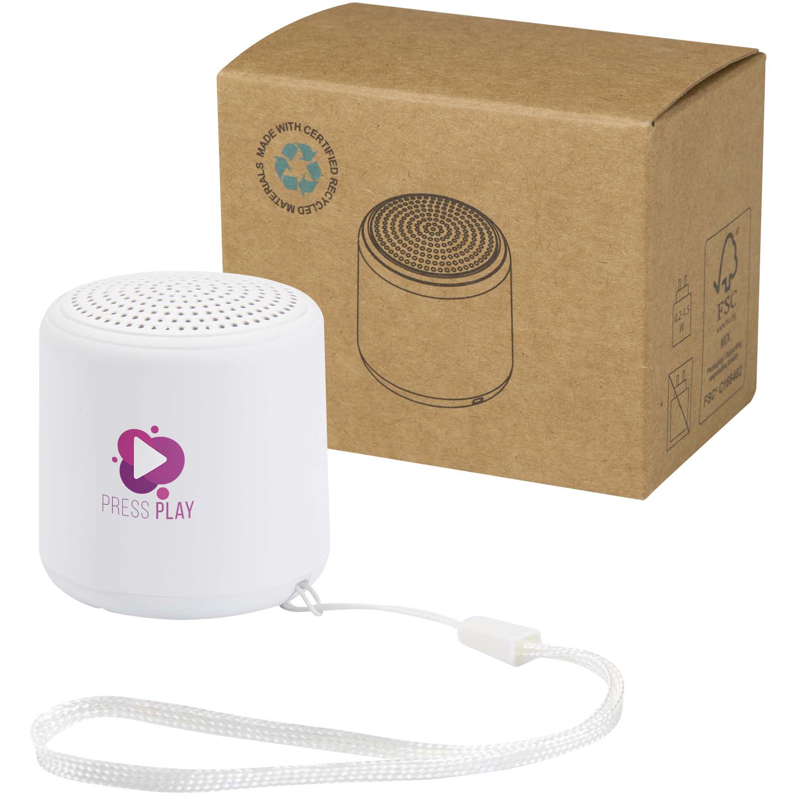 Velkis 3 W Bluetooth® Lautsprecher aus recyceltem Kunststoff mit Logo bedrucken mit Logo