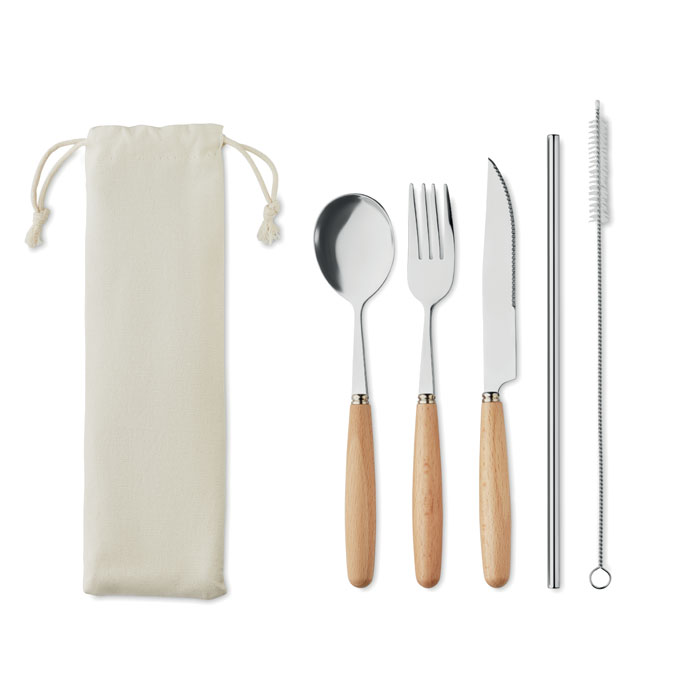 Reusable Stainless Steel and Beech Wood Handle Cutlery Set in Canvas Pouch - Meopham