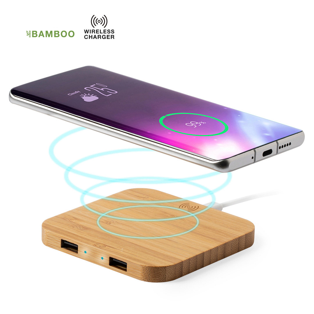 Natural Bamboo Wireless Charger with Dual USB Output - Cwmbran