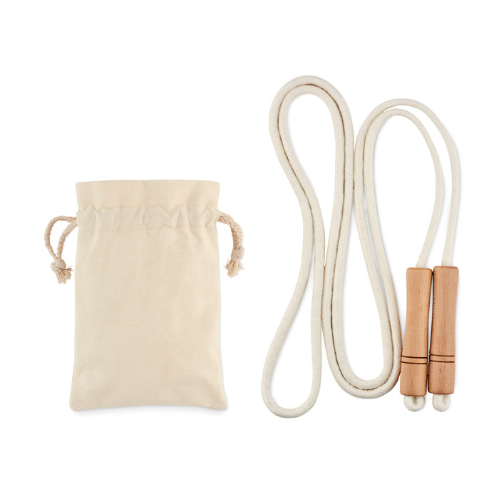 A jump rope made of cotton with wooden handles, packaged in a cotton pouch - Eversley