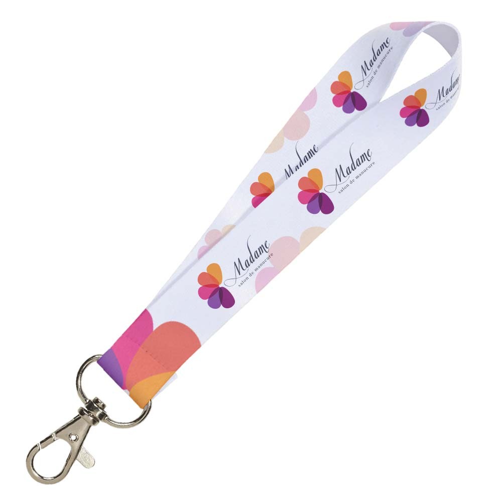A mini lanyard in full color, with a metal hook, that has been printed using a heat transfer method known as sublimation. - Rowley Regis