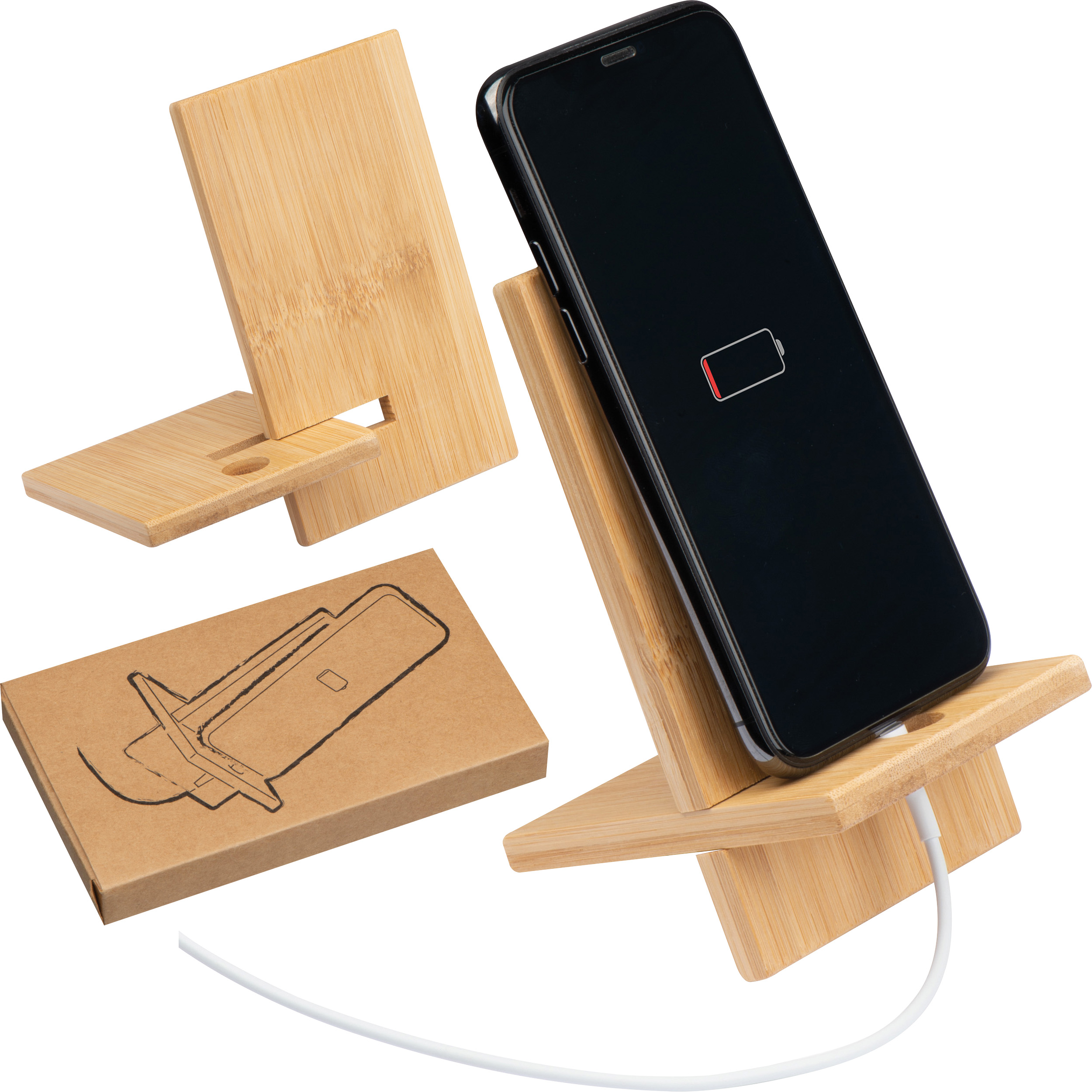 This is a charging station that can be placed on a desk or similar surface. It's made from bamboo and originates from Ashbocking. - Lewes