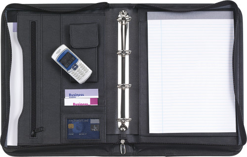 Bonded Leather Zipped Conference Folder with Notepad, Pockets, Carry Handle, and Metal Engraving Plate - Tollerton