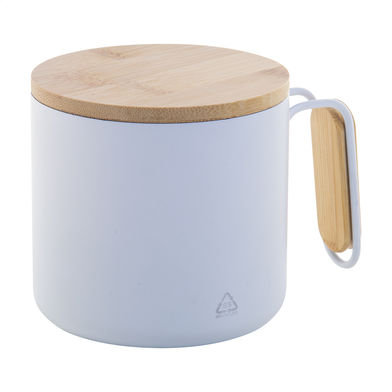 Graboo recycled steel thermo mug with bamboo lid and handle, 300 ml, logo