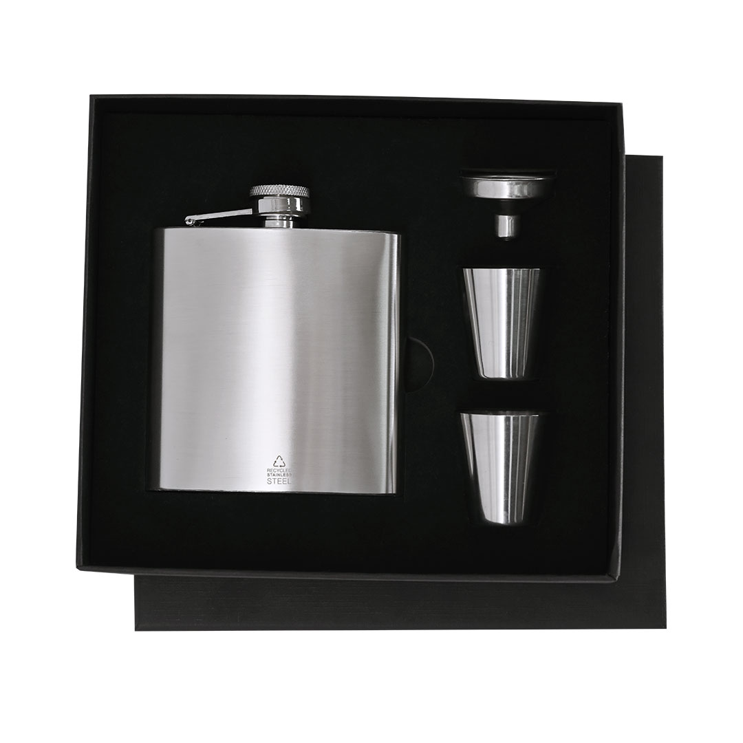 Eco-Friendly Recycled Steel Hip Flask Set - Peckleton