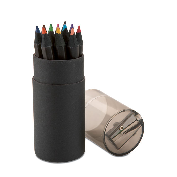 Black cylindrical box made of paper that contains colored pencils and a sharpener - Christleton