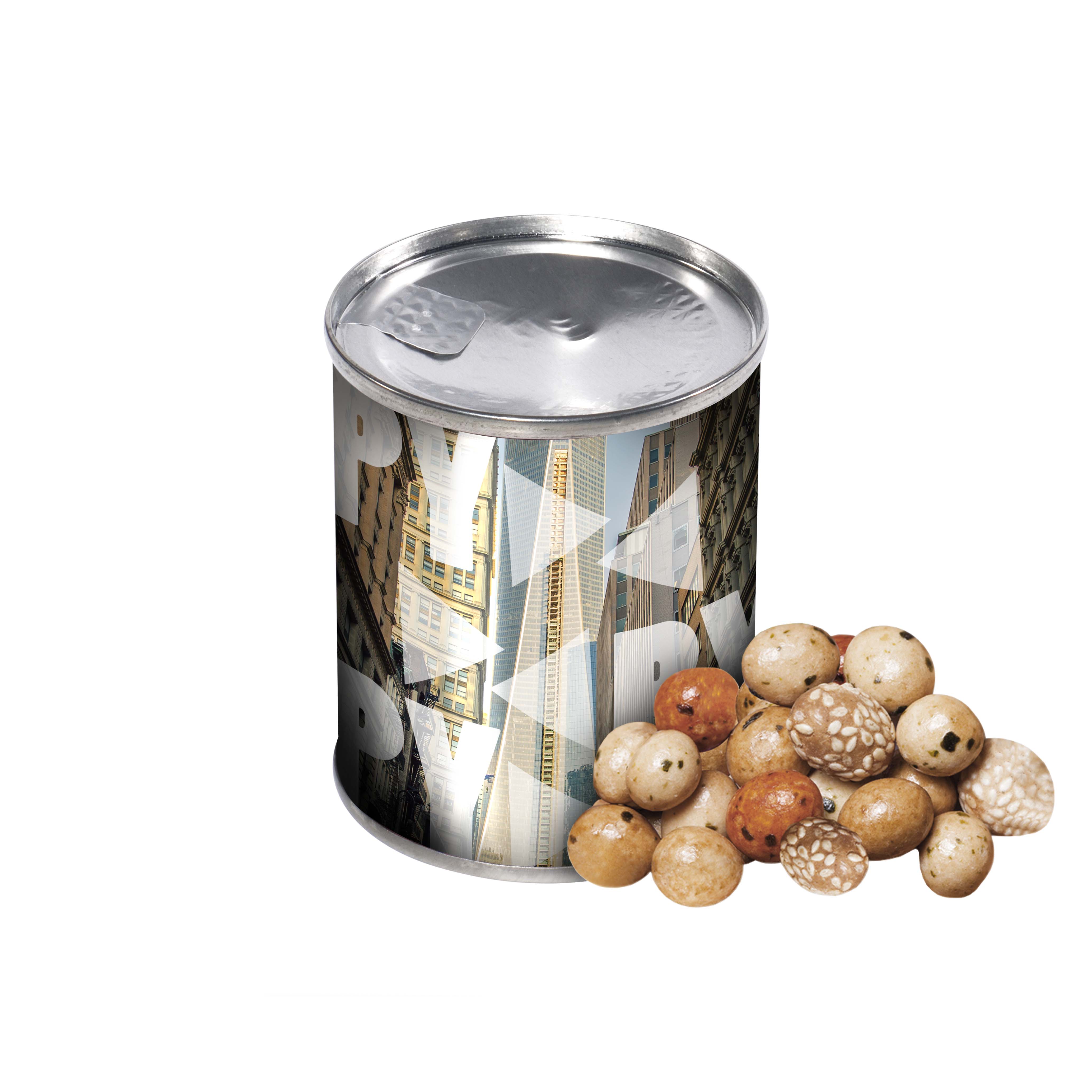 A silver jar with a full color print containing a mixture of oriental items - Greenwich
