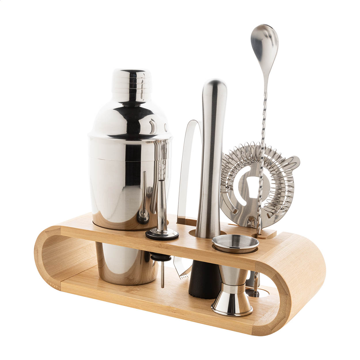 Paloma 7-teiliges Edelstahl-Cocktailset im Bambushalter mit Logo bedrucken mit Logo